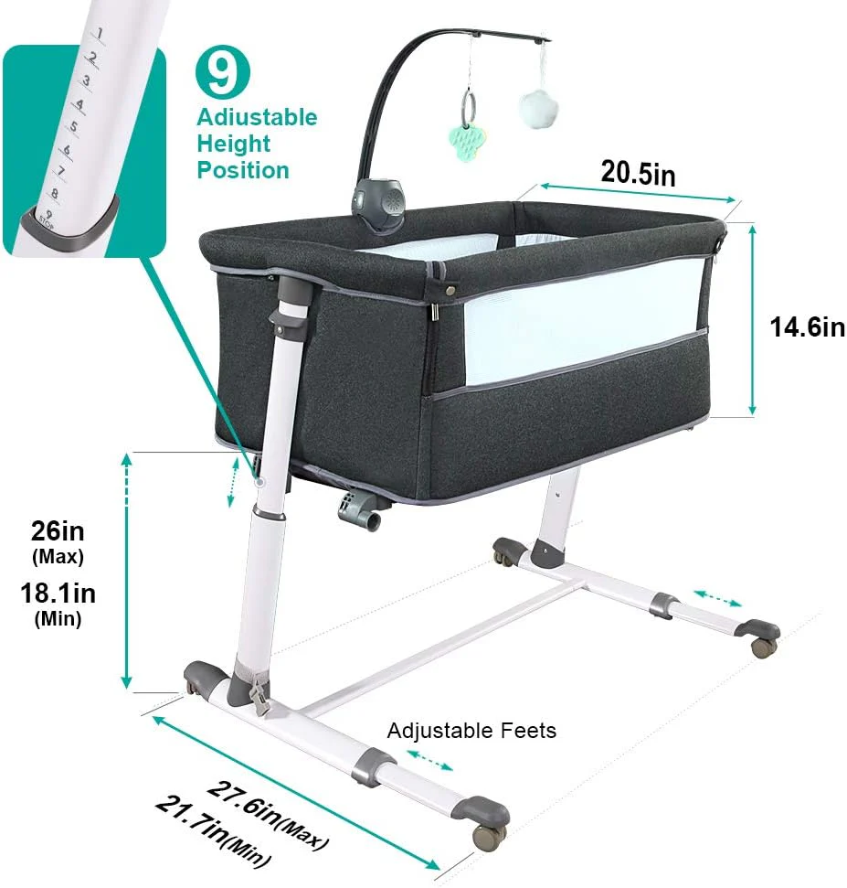 Baby-Nachtbett-Babywiege, bestes Bettbett für Neugeborene, tragbarer Schlafwagen für sichereres gemeinsames Schlafen, Bettbett plus Hängefigur, Musik und eingebaute Räder – Mädchen, Jungen, Unisex