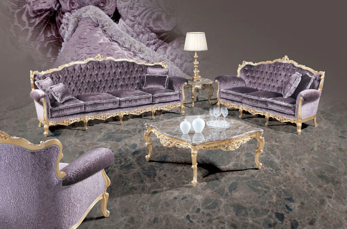 Luxury Baroque 3 Seater Sofa Purple / Gold - Magnificent living room sofa with elegant pattern - Baroque living room & hotel furniture - First class quality - Made in Italy