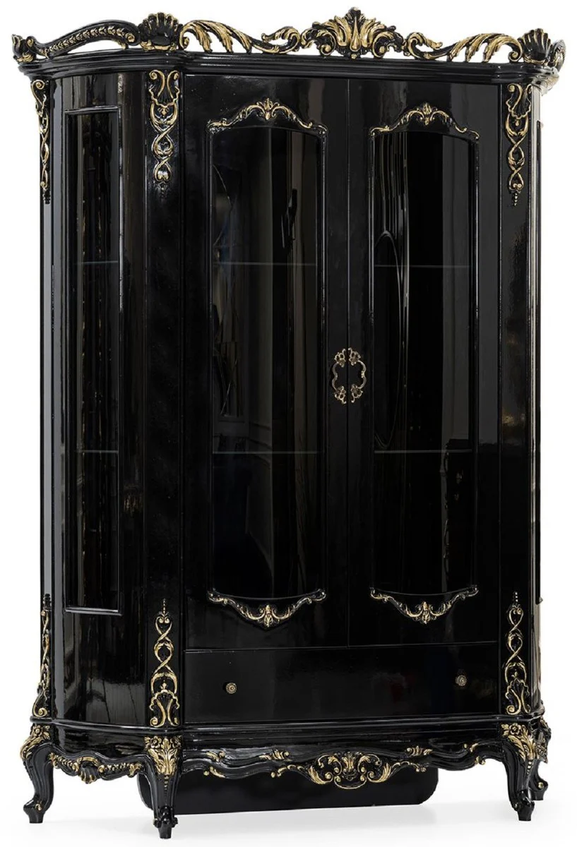 Luxury baroque display cabinet black / gold - magnificent solid wood display cabinet with 2 doors and drawer - luxury furniture in baroque style - baroque furniture - noble & magnificent
