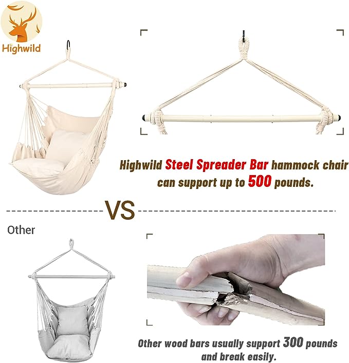 Highwild Hammock Chair Hanging Rope Swing - Max 500 Lbs - 2 Cushions Included - Steel Spreader Bar with Anti-Slip Rings - for all indoor or outdoor spaces