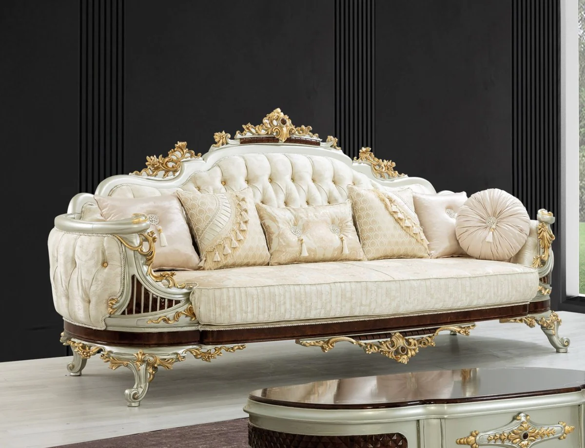 Luxury Baroque Living Room Set Cream / Beige / Dark Brown / Silver / Gold - 2 Sofas & 2 Armchairs & 1 Coffee Table - Living Room Furniture in Baroque Style - Noble & Magnificent