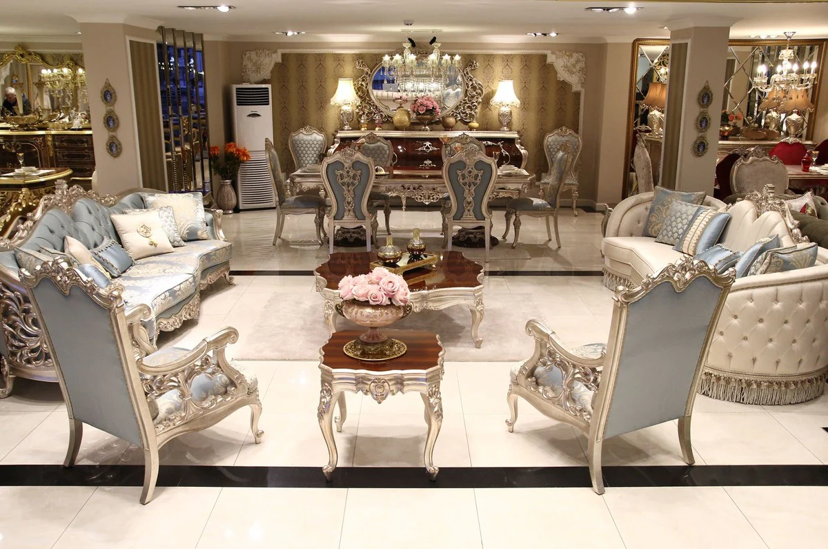 Luxury Baroque Dining Room Chair Set Light Blue / Beige / Silver - Magnificent Kitchen Chairs Set of 8 - Baroque Dining Room Furniture