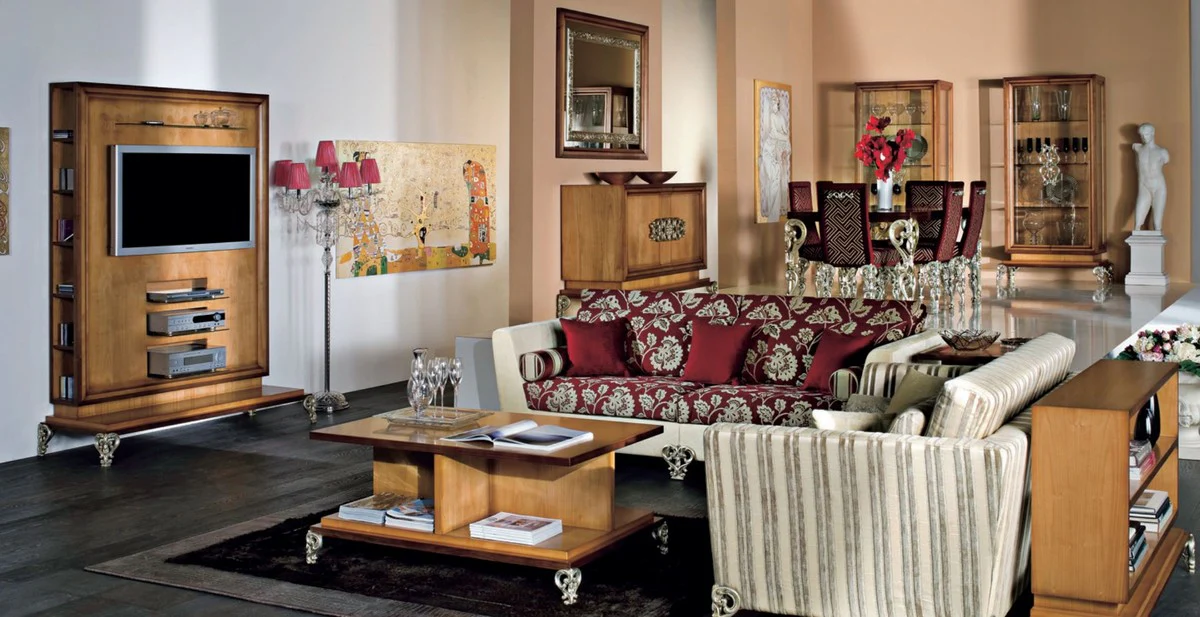 Luxury Baroque Dining Room Set Brown / Bordeaux Red / Antique Silver - 1 Baroque Dining Table & 6 Baroque Dining Chairs - Luxury Dining Room Furniture in Baroque Style - Luxury Quality - Made in Italy