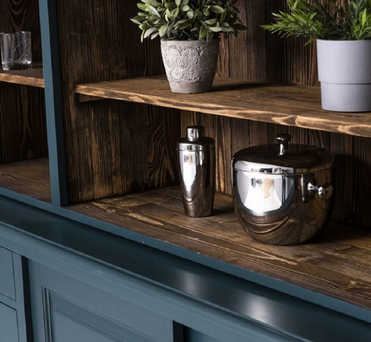 Country house style bar cabinet blue / dark brown 240 x 50 x H. 210 cm - Solid wood wine cabinet in country house style - Country house style furniture - Bar furniture in country house style - Country house style furnishings