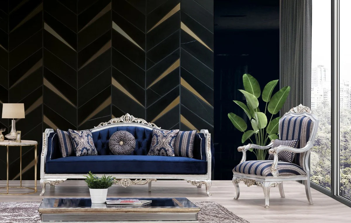 Luxury Baroque Sofa Blue / Silver / Gold 228 x 90 x H. 110 cm - Living Room Sofa in Baroque Style - Baroque Furniture - Noble & Magnificent
