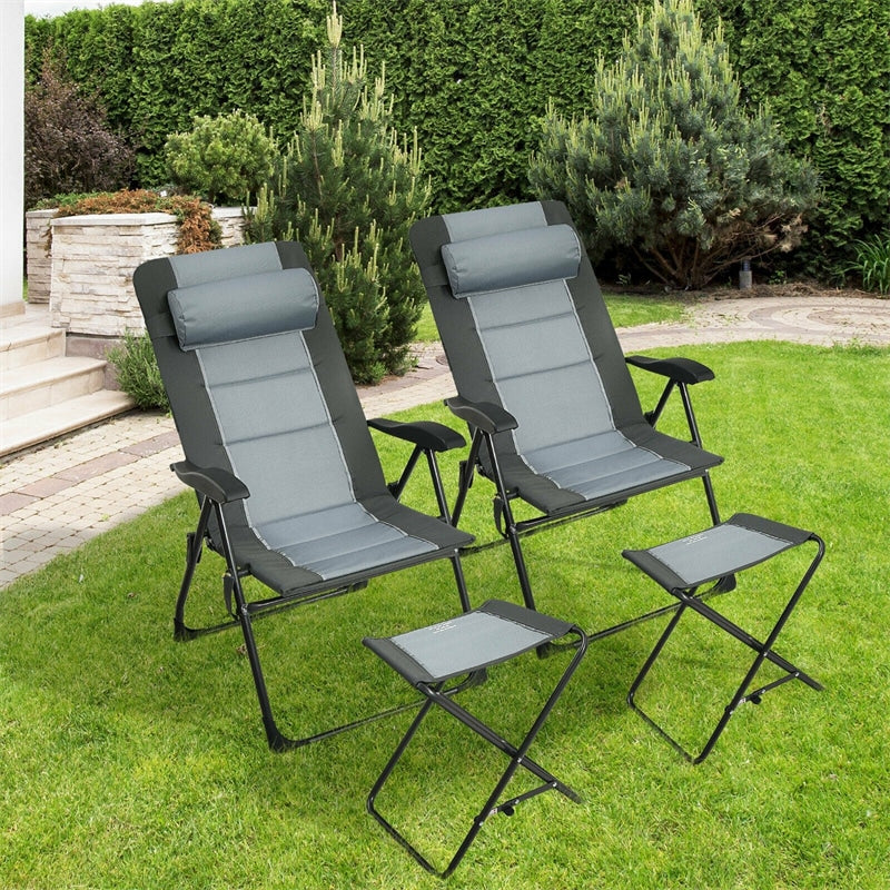 4 Pcs Patio Klappstuhl mit 2 Fußwerkzeugen, Outdoor-Campingstuhl mit 7-Position verstellbare Rückenlehne Kopfstütze Mesh Tasche