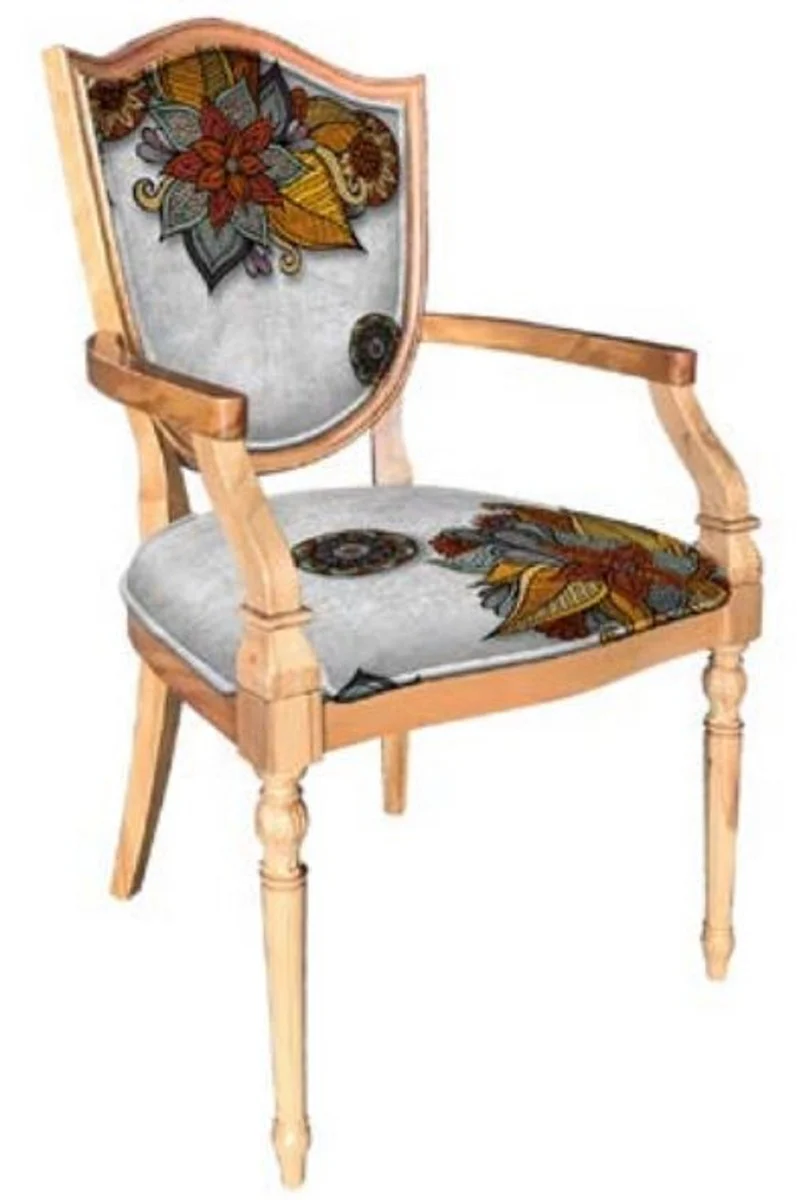 Art Deco dining room chair silver / multicolored / natural colors - solid wood chair with armrests and elegant pattern - Art Deco dining room furniture