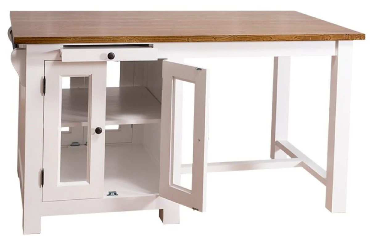 Country house style kitchen island with 4 glass doors and 2 drawers white / dark brown 150 x 85 x H. 80 cm - country house style kitchen furniture