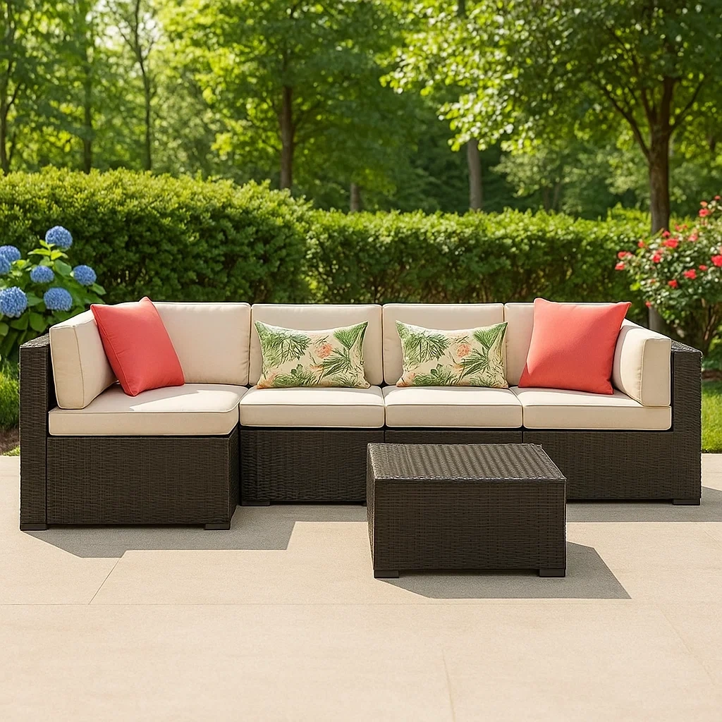 Modulares Outdoor-Sofa, 2-teiliges Set mit Ecksofa und Beistelltisch, braun, Stahl und Stoff, Garten
