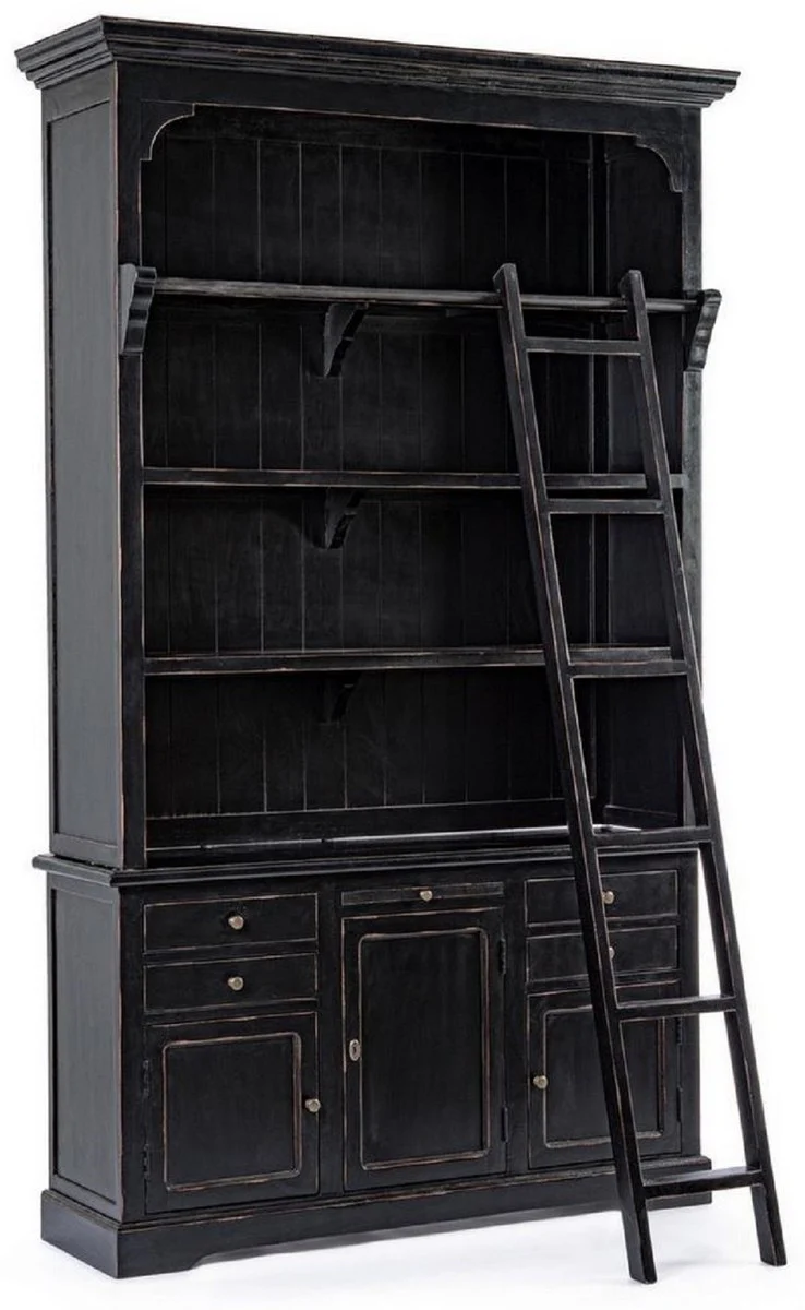 Country house style cabinet with ladder antique black 143.5 x 40.6 x H. 233.7 cm - bookcase - shelf cabinet - living room cabinet - office cabinet - country house style furniture