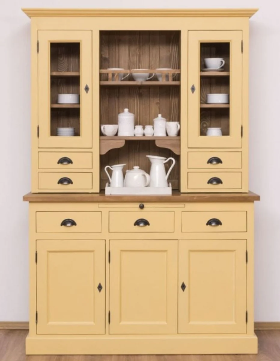 Country house style kitchen cabinet yellow / brown 137 x 50 x H. 197 cm - 2-part kitchen cabinet with 5 doors and 7 drawers - country house style kitchen furniture