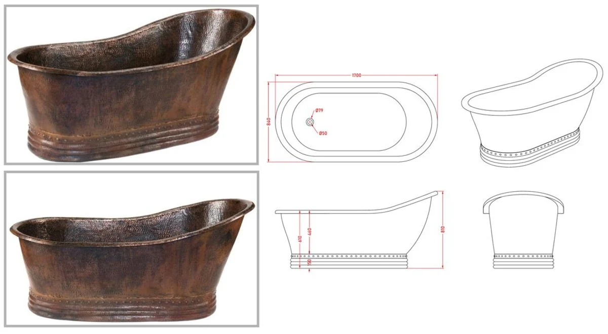 Luxury Art Nouveau copper bathtub 170 x 84 x H. 81 cm - Freestanding retro bathtub - Rustic bathroom furniture