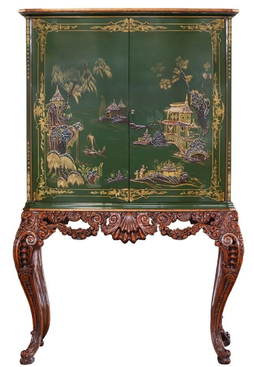 Luxury baroque bar cabinet green / brown / multicolored / gold - magnificent solid wood cabinet with LED lighting - baroque living room furniture - baroque bar furniture - baroque hotel furniture