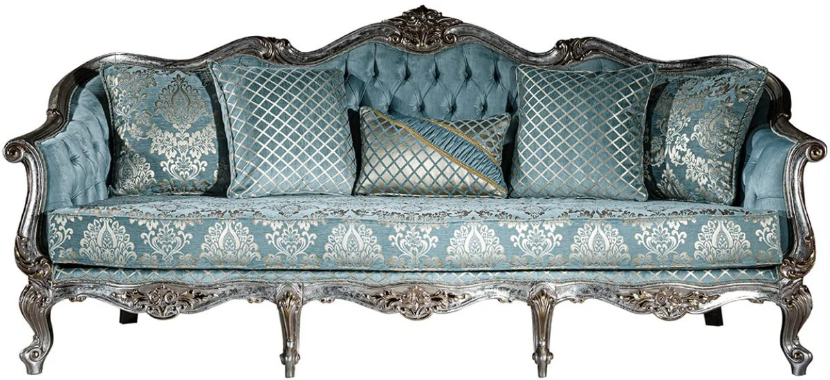 Luxury baroque sofa light blue / silver / gold 238 x 85 x H. 106 cm - living room sofa with elegant pattern and decorative pillows - baroque living room furniture
