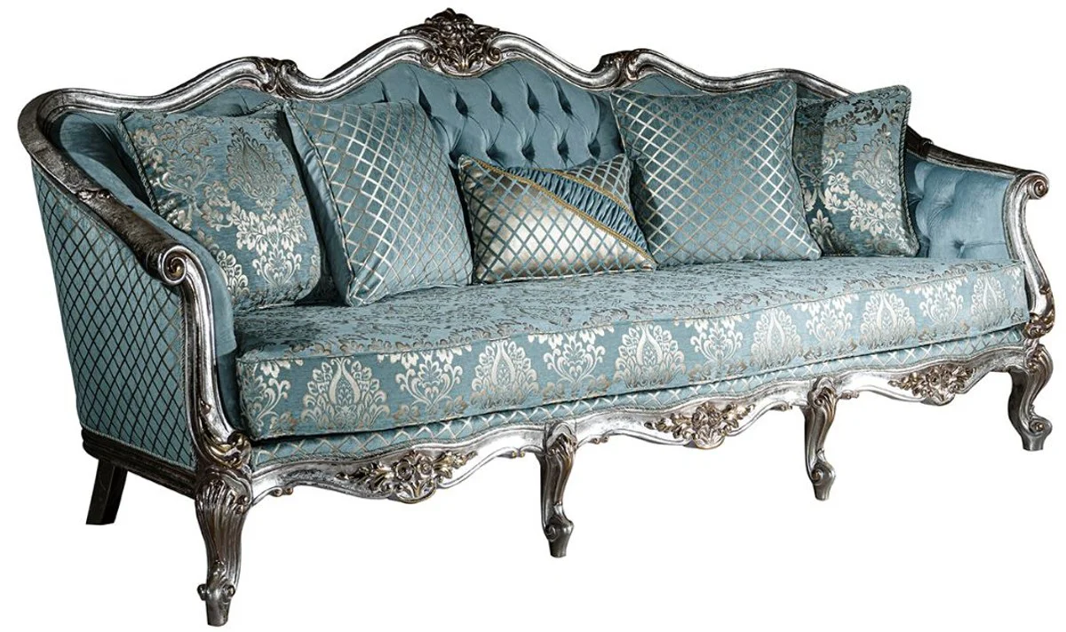 Luxury baroque living room set light blue / silver - 2 sofas & 2 armchairs & 1 coffee table - magnificent living room furniture in baroque style