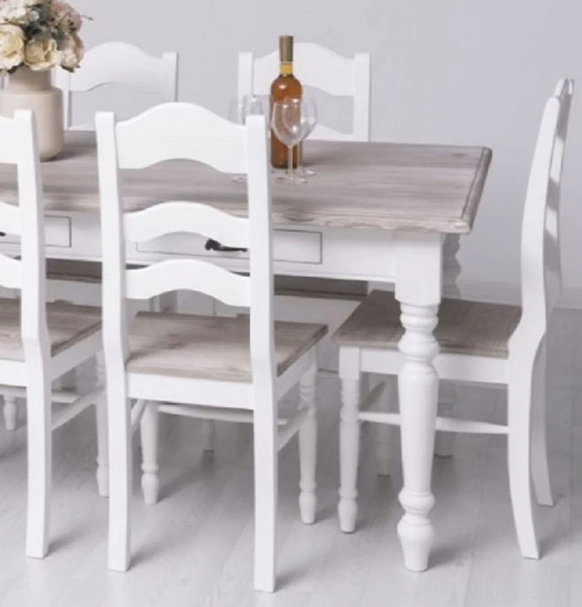 Country house style dining chairs set of 8 white / natural colors 44 x 44 x H. 102 cm - Solid wood dining room chairs in country house style - Solid wood dining room furniture - Country house style dining room furniture