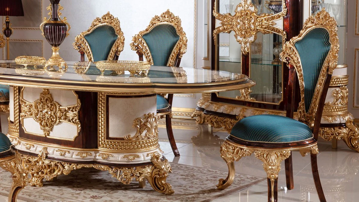 Luxury Baroque Dining Room Chair Set Blue / Brown / Gold - Handmade Kitchen Chairs Set of 6 with Elegant Pattern - Baroque Dining Room Furniture - Noble & Magnificent