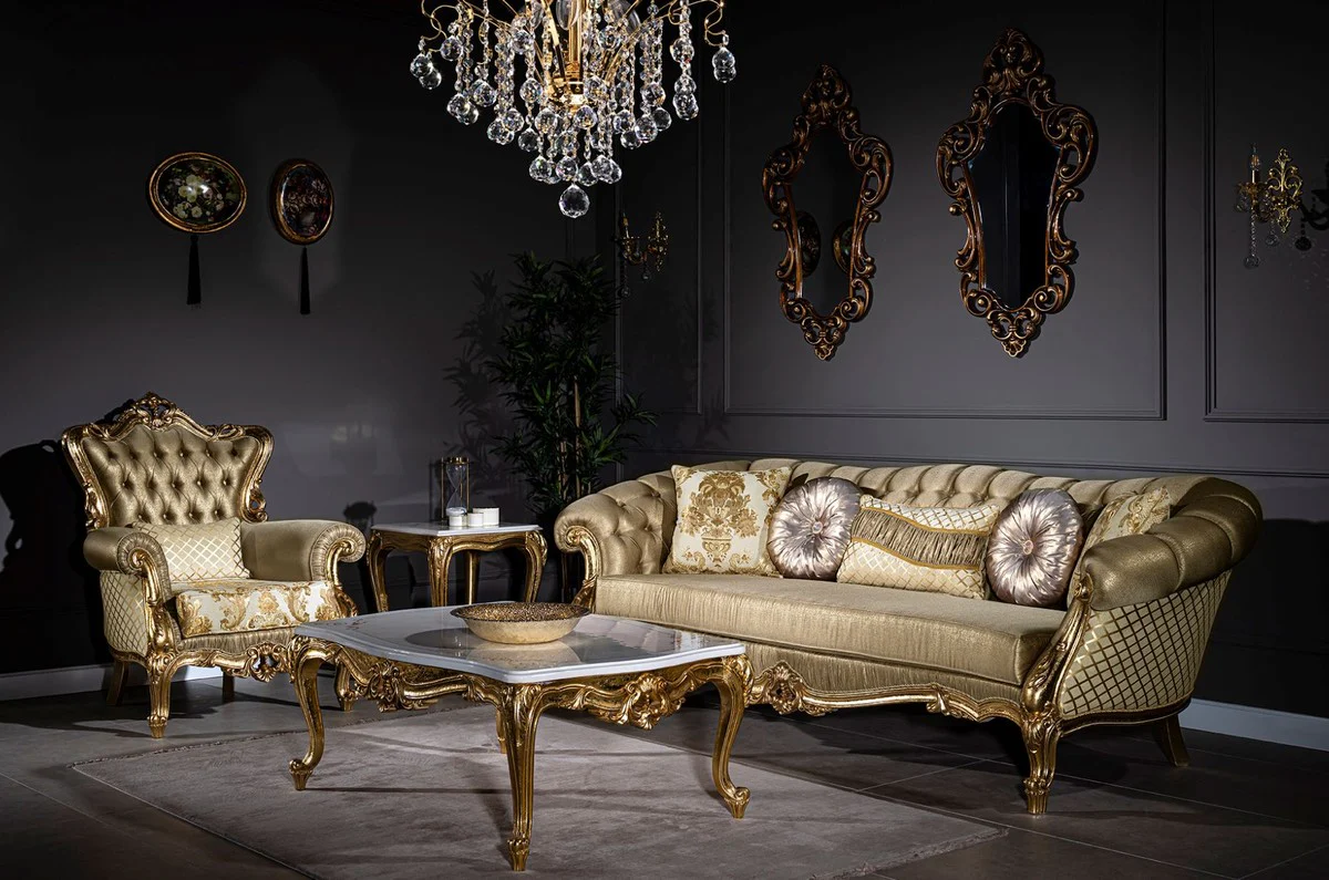 Luxury baroque sofa gold / white 268 x 110 x H. 87 cm - Magnificent living room sofa with decorative pillows - Living room furniture in the baroque style