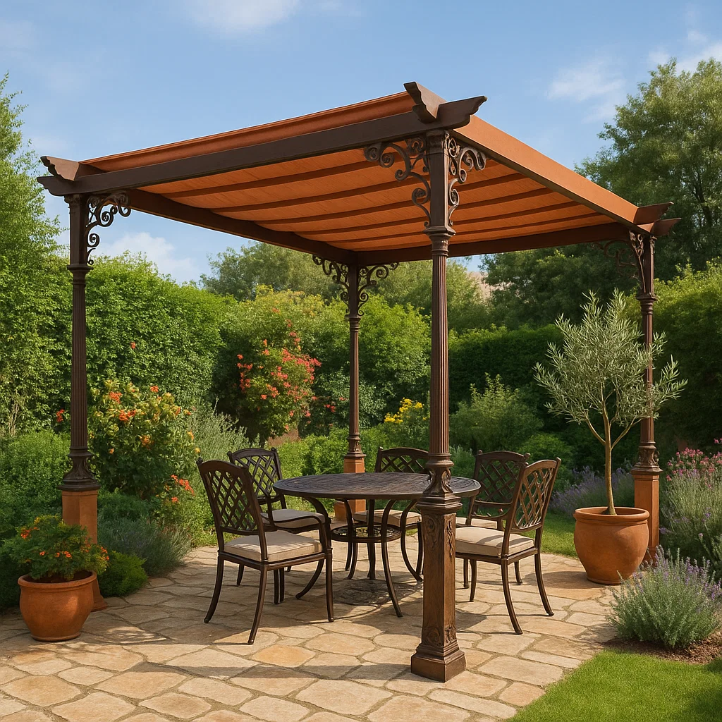 Metallene Gartenpergola mit einziehbarer Markise – Braun und Beige – für den Außenbereich – 400 cm lang x 360 cm hoch x 250 cm tief xzPcMht335uB