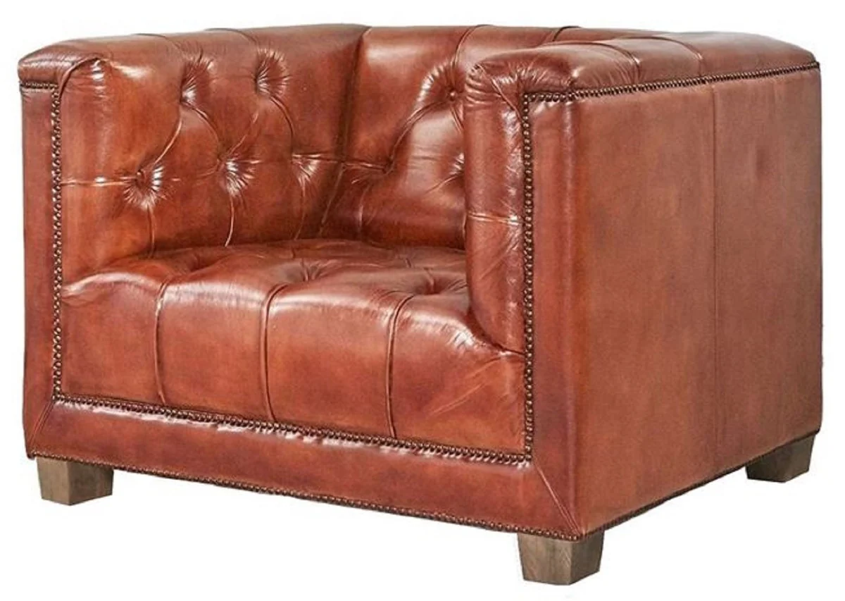 Luxury Chesterfield genuine leather armchair brown 110 cm - genuine leather furniture