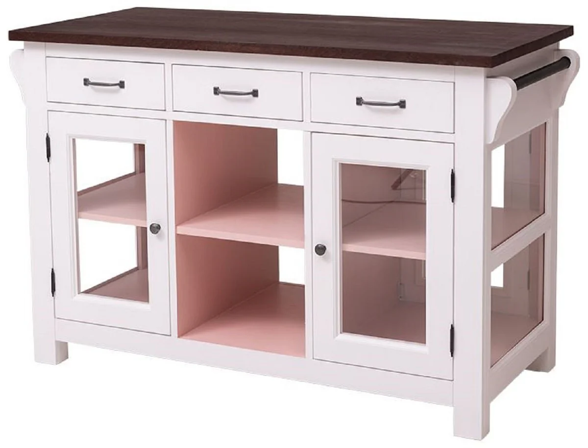 Country house style kitchen island light gray / pink / dark brown 135 x 65 x H. 90 cm - solid wood dining room cabinet - country house style solid wood kitchen furniture - dining room furniture in country house style