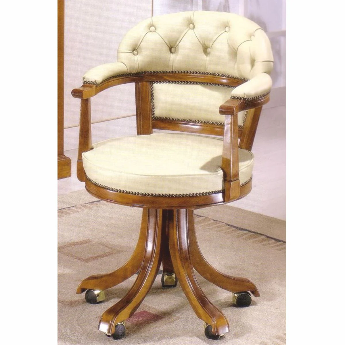 Luxury Art Nouveau office chair cream / brown 62 x 59 x H. 94 cm - Elegant desk chair with real leather - Baroque & Art Nouveau office furniture - Luxury quality - Made in Italy