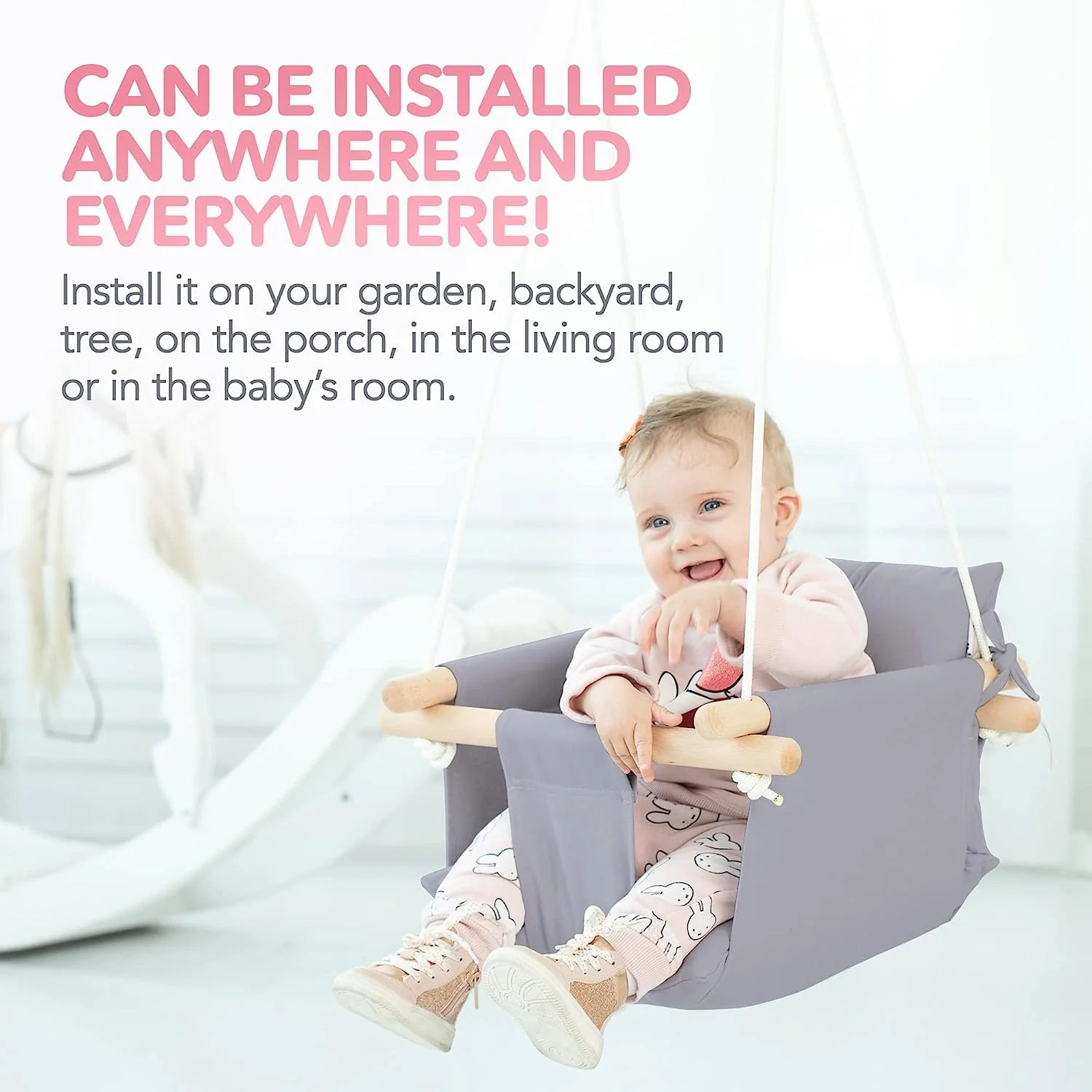 Babyschaukel aus Segeltuch, hängender Schaukelsitz aus Holz mit Sicherheitsgurt, langlebiger Baby-Hängemattenstuhl, Außen- und Innenschaukel für Kinder, Montagezubehör im Lieferumfang enthalten, Elfenbeinfarben