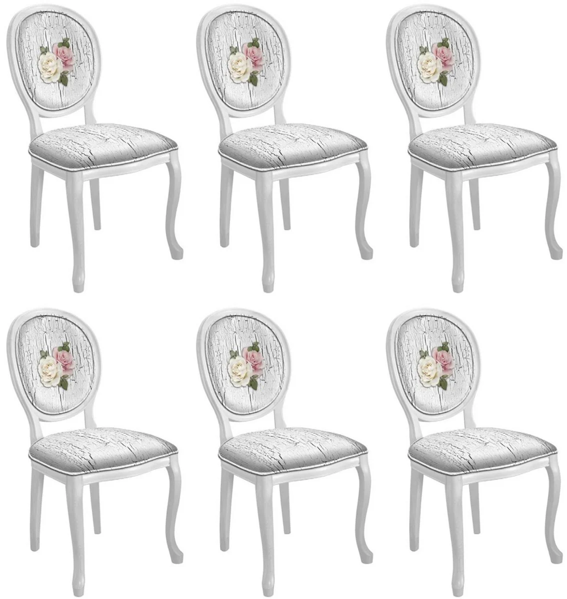 Baroque Dining Room Chair Set Roses Antique White / Multicolored / White - 6 Handmade Kitchen Chairs in Baroque Style - Baroque Dining Room Furniture