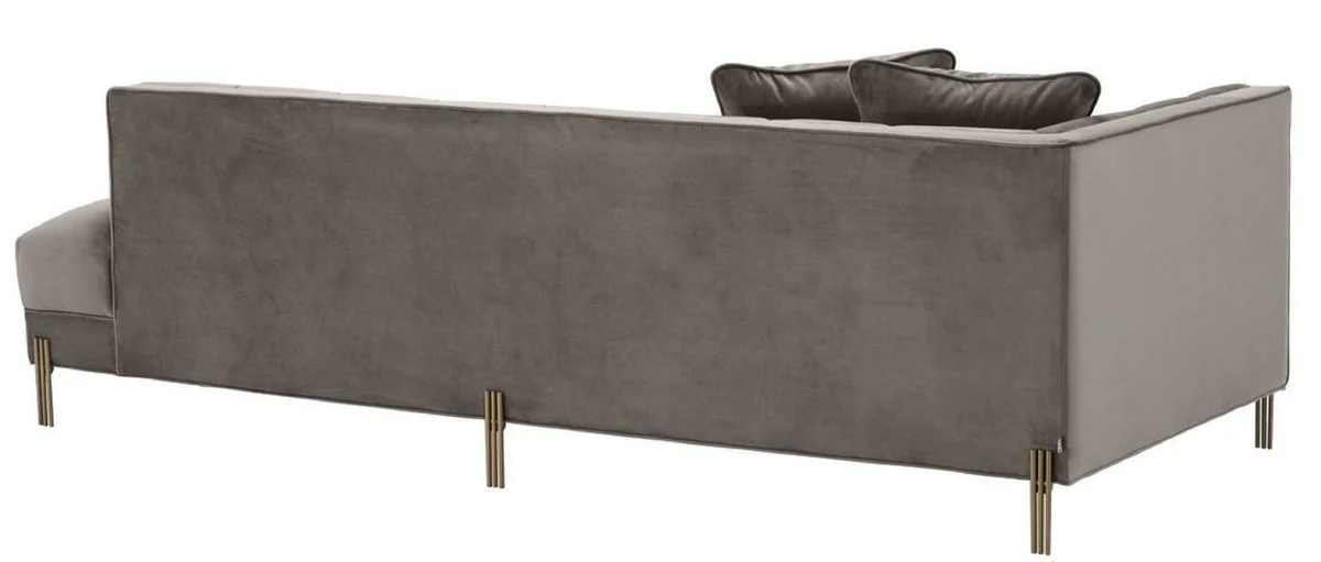 Luxury lounge sofa gray - greige / brass colored 223 x 95 x H. 68 cm - left-side living room sofa with elegant velvet fabric and 2 cushions