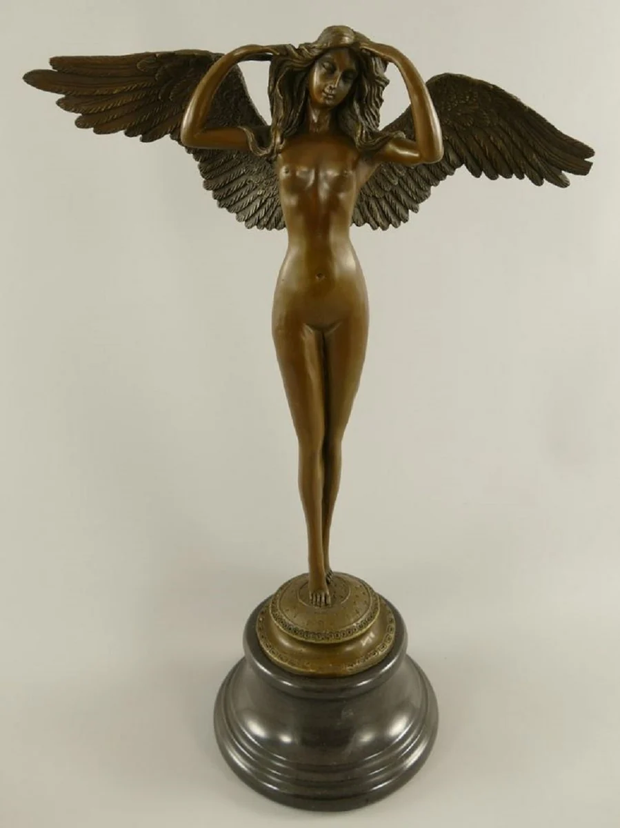 Luxus Jugendstil Deko Skulptur Engel Bronze / Schwarz 38 x 20 x H. 57 cm - Bronze Figur mit Marmorsockel - Barock & Jugendstil Bronze Skulpturen