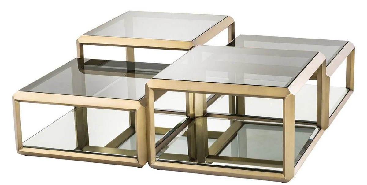 Luxury coffee table brass colored 75 x 75 x H. 48 cm - stainless steel living room table with glass tops and mirror glass - luxury living room furniture