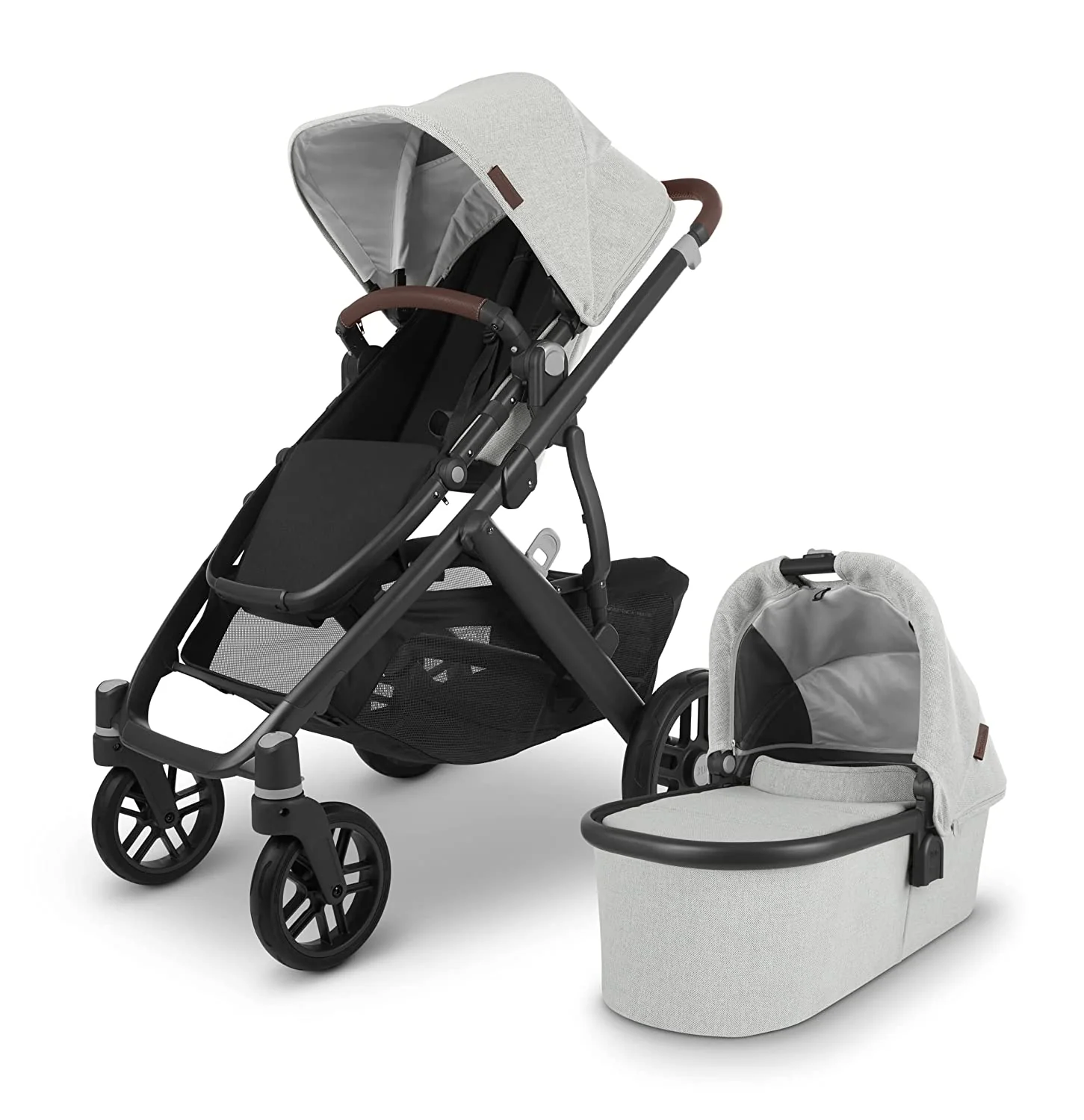 Kinderwagen – Anthony (weißes und graues Chenille-/Karbon-/Kastanienleder)