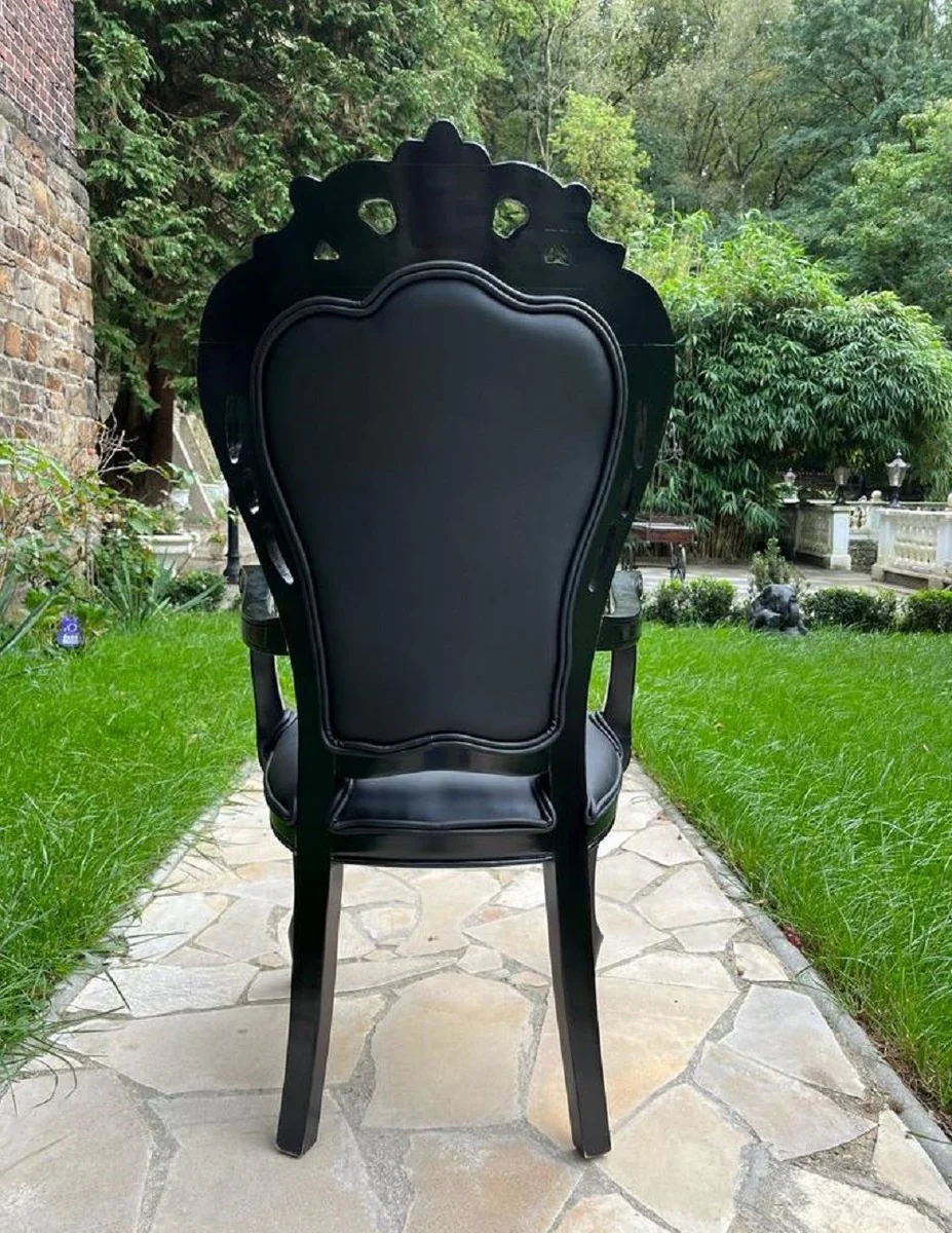 Luxury Baroque Dining Room Chair Black - Handcrafted Antique Style Chair with Armrests and Fine Faux Leather - Dining Room Furniture in Baroque Style - Noble & Magnificent