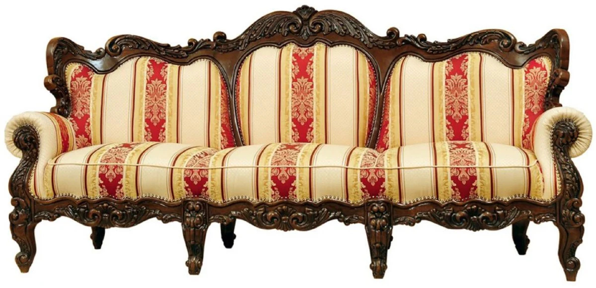 Luxury Baroque Sofa with Stripes Cream / Yellow / Red / Dark Brown - Striped Living Room Sofa in Baroque Style - Baroque Living Room Furniture - Noble & Magnificent