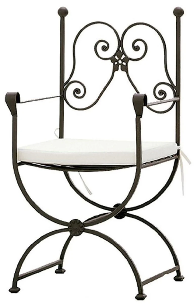 Luxury Art Nouveau garden chair with armrests and seat cushion brown / white 60 x 44 x H. 97 cm - Hand-forged dining room chair - Dining room garden patio furniture