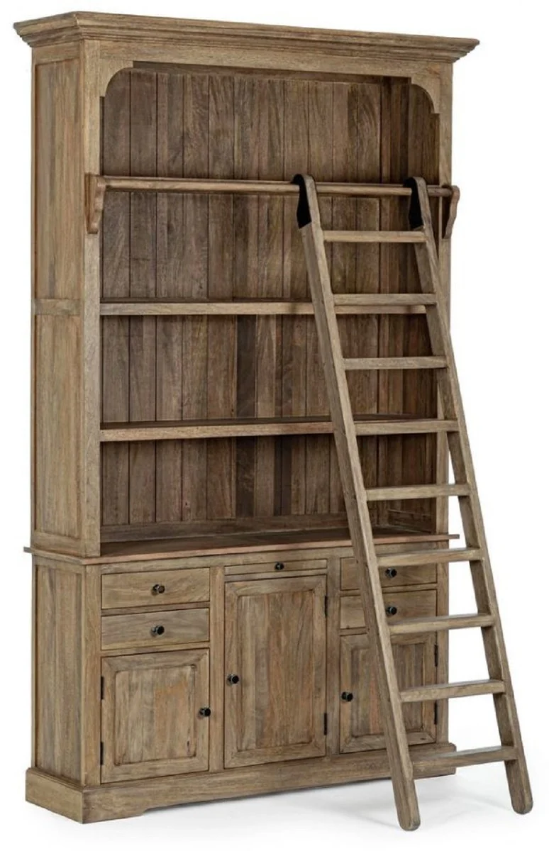 Country house style cabinet with ladder brown 143.5 x 40.6 x H. 233.7 cm - bookcase - shelf cabinet - living room cabinet - office cabinet - country house style furniture