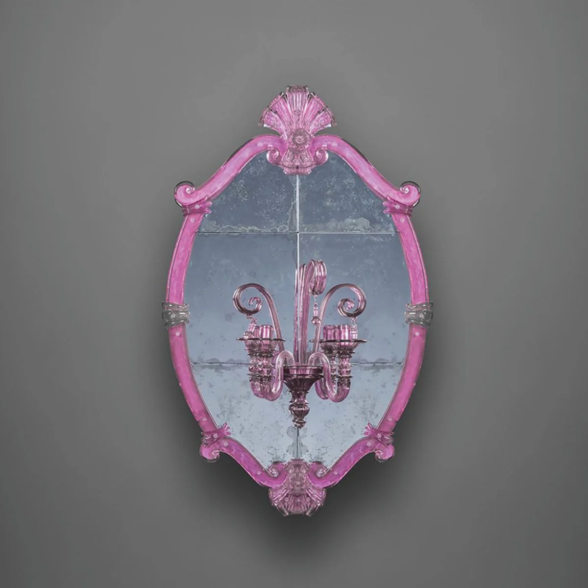 Luxury baroque mirror with double wall light pink H. 110 cm - Made in Italy