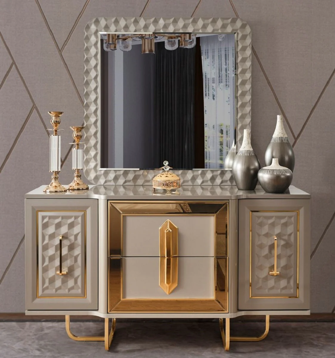 Luxury Art Deco Bedroom Set Gray / Gold - 1 Luxury Art Deco Dressing Table & 1 Luxury Art Deco Mirror - Art Deco Bedroom Furniture - Luxury Bedroom Furniture