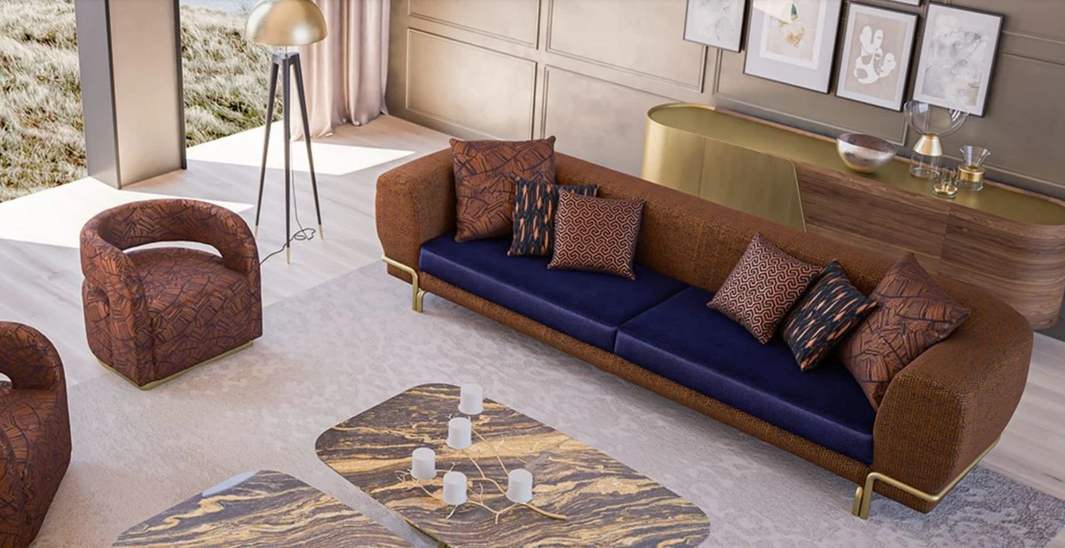 Luxury sofa brown / purple / brass 300 x 100 x H. 75 cm - living room sofa - hotel sofa - living room furniture - hotel furniture - luxury furniture - luxury furnishings