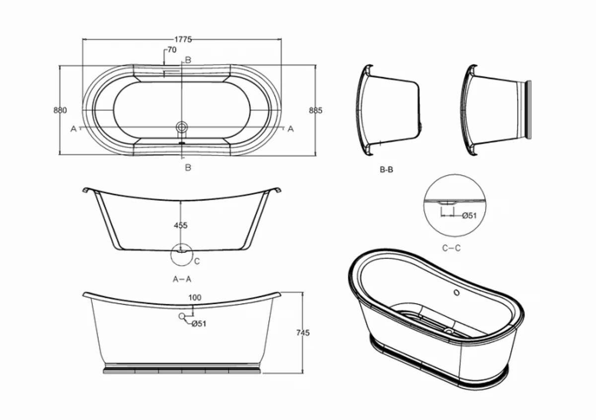 Freestanding bathtub 1650mm BAdm165 - Freestanding retro antique bathtub
