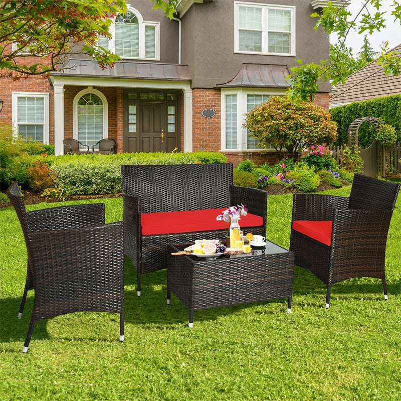 4 Pcs Outdoor Rattan Patio Conversation Set Wicker Furniture Set with Coffee Table and Cushion Sofas