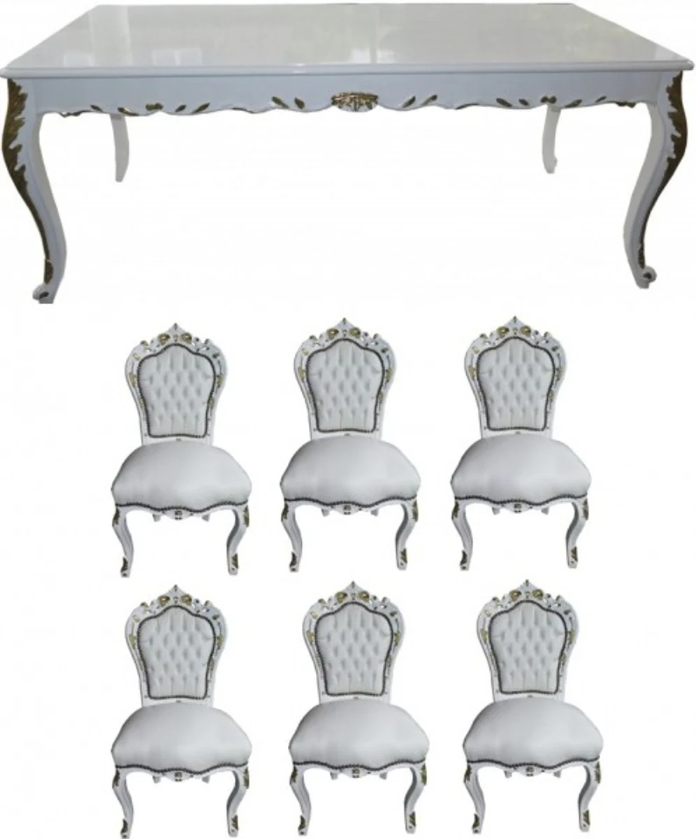 Baroque dining room set white / white / gold - dining table + 6 chairs - furniture antique style
