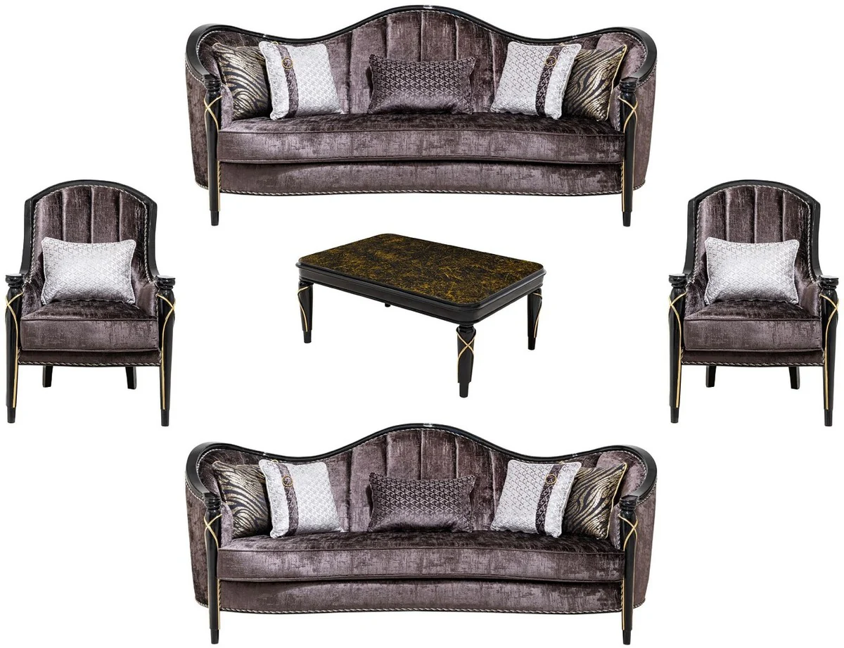 Luxus Barock Wohnzimmer Möbel Set Lila / Schwarz / Gold