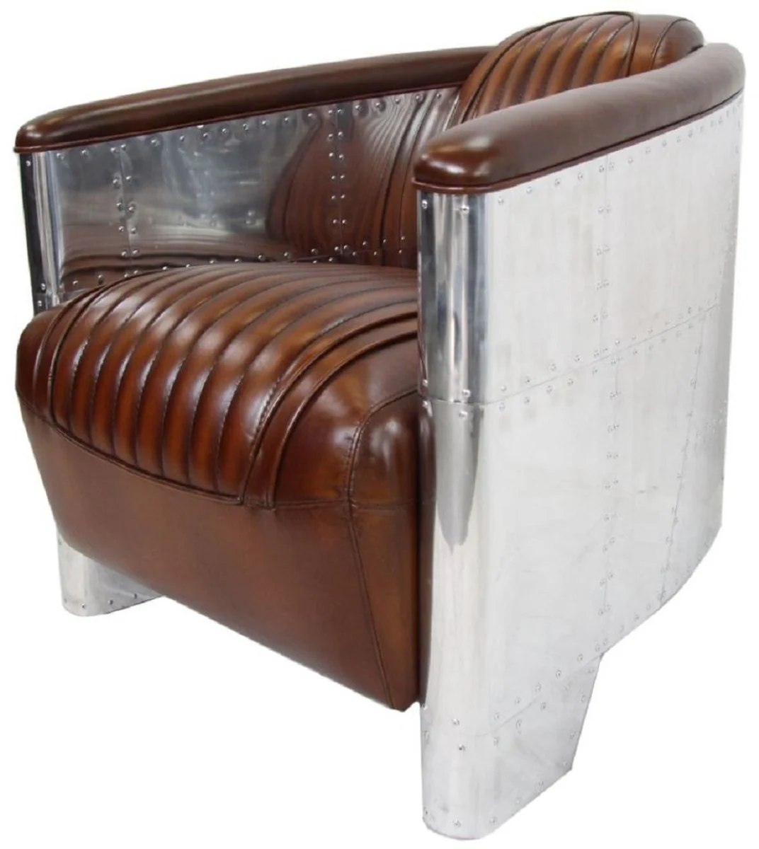 Luxury Art Deco genuine leather armchair dark brown / silver 90 x 72 x H. 68 cm - aluminum armchair with high-quality leather - lounge armchair - aluminum airplane aviator armchair furniture