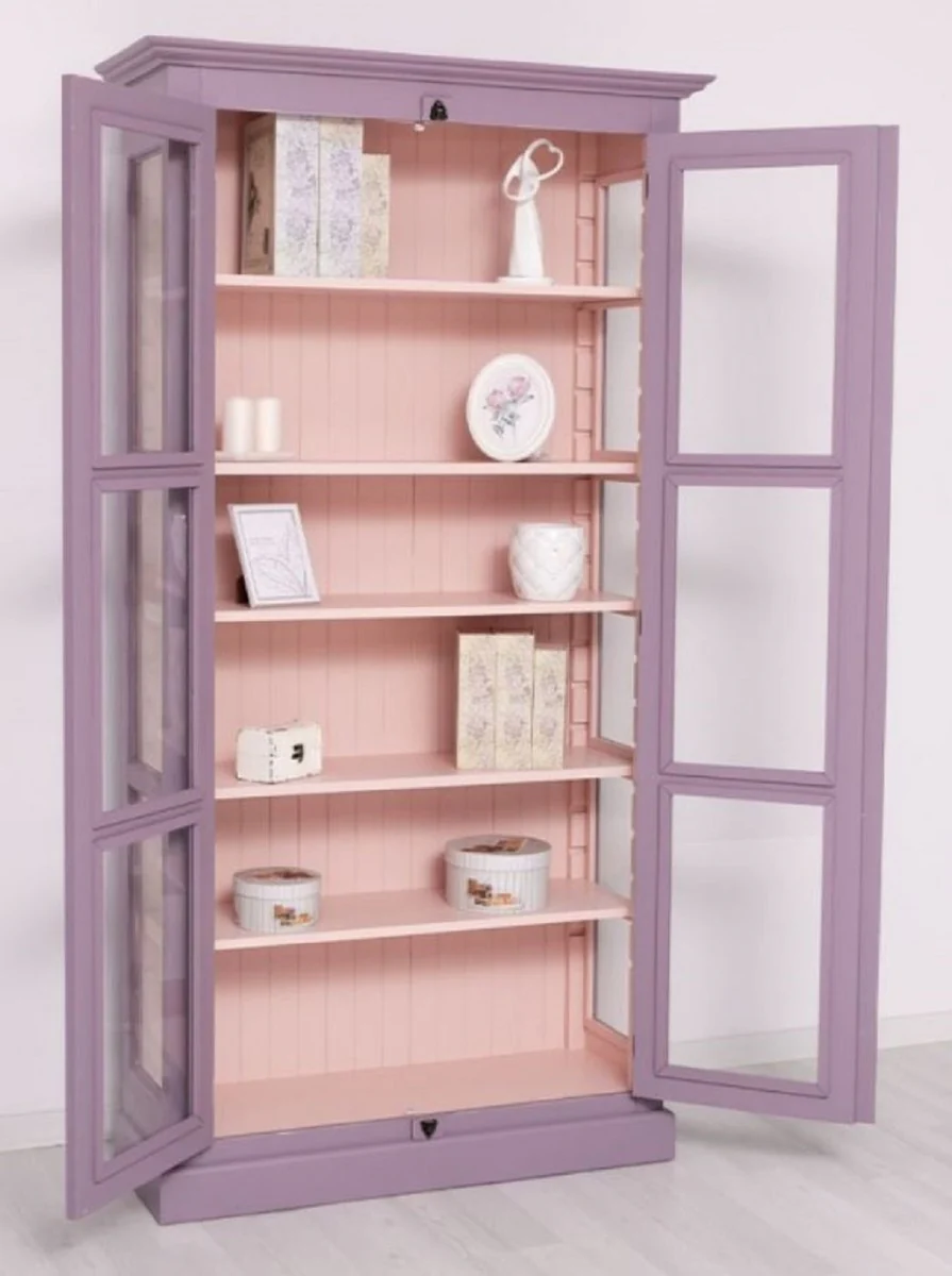 Country house style display cabinet purple / pink 109 x 40 x H. 210 cm - solid wood display cabinet with 2 glass doors - solid wood cabinet - solid wood furniture - country house style furniture