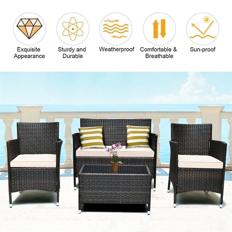4 Pcs Outdoor Rattan Patio Conversation Set Wicker Furniture Set with Coffee Table and Cushion Sofas