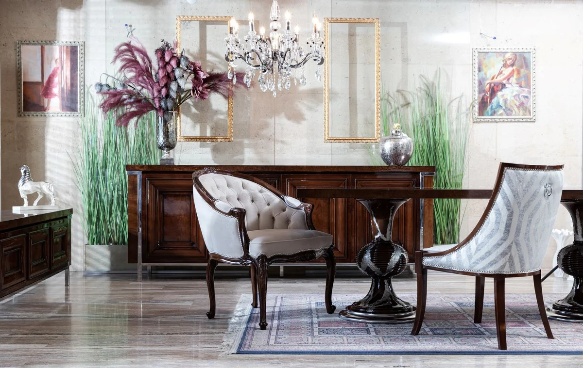 Luxury baroque dining room chair with armrests white / dark brown - magnificent solid wood chair in baroque style - baroque dining room furniture