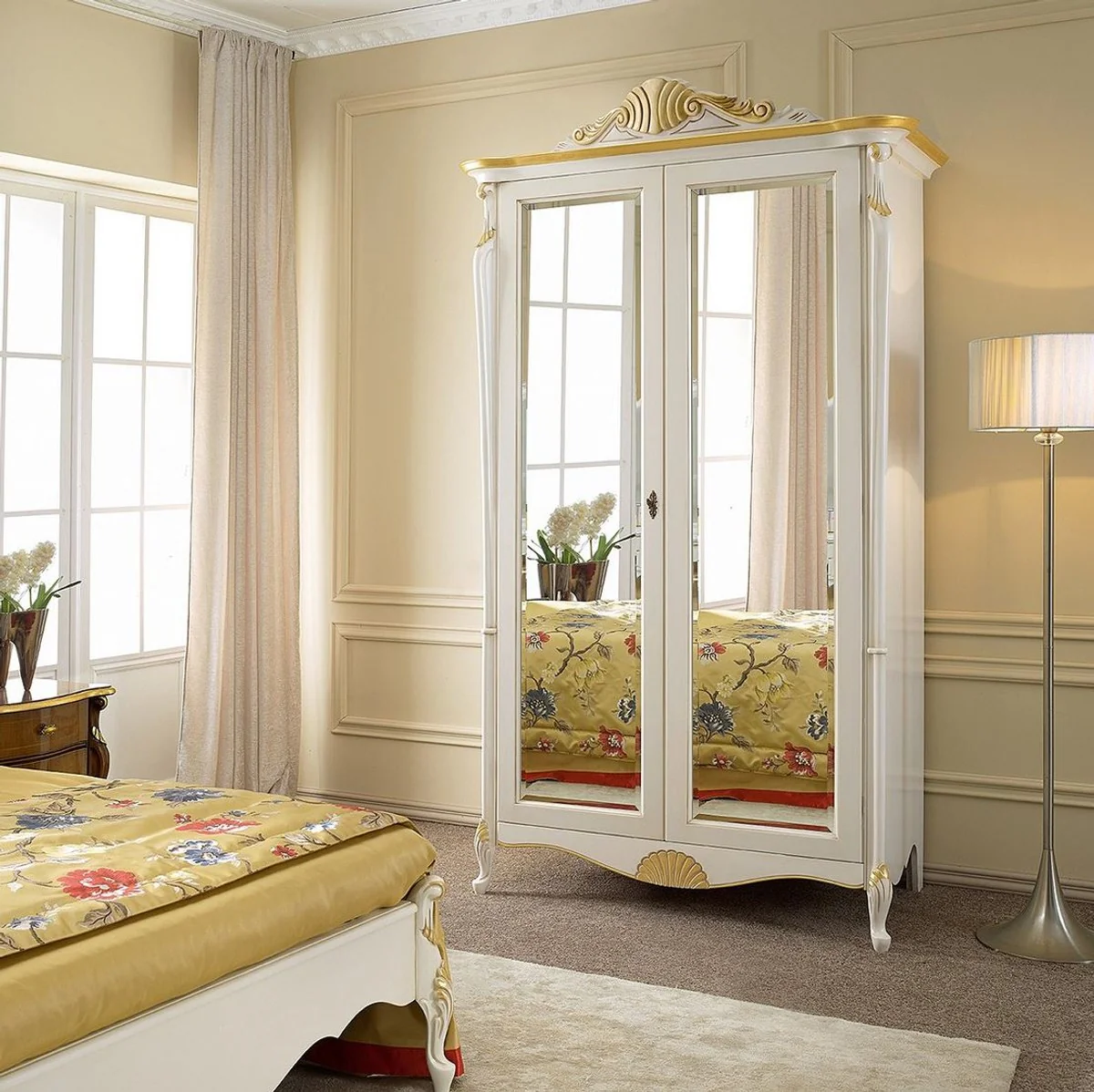 Luxury Baroque Bedroom Cabinet White / Gold - Handmade Mahogany Wardrobe with 2 Mirrored Doors - Baroque Bedroom Furniture - Luxury Quality - Made in Italy