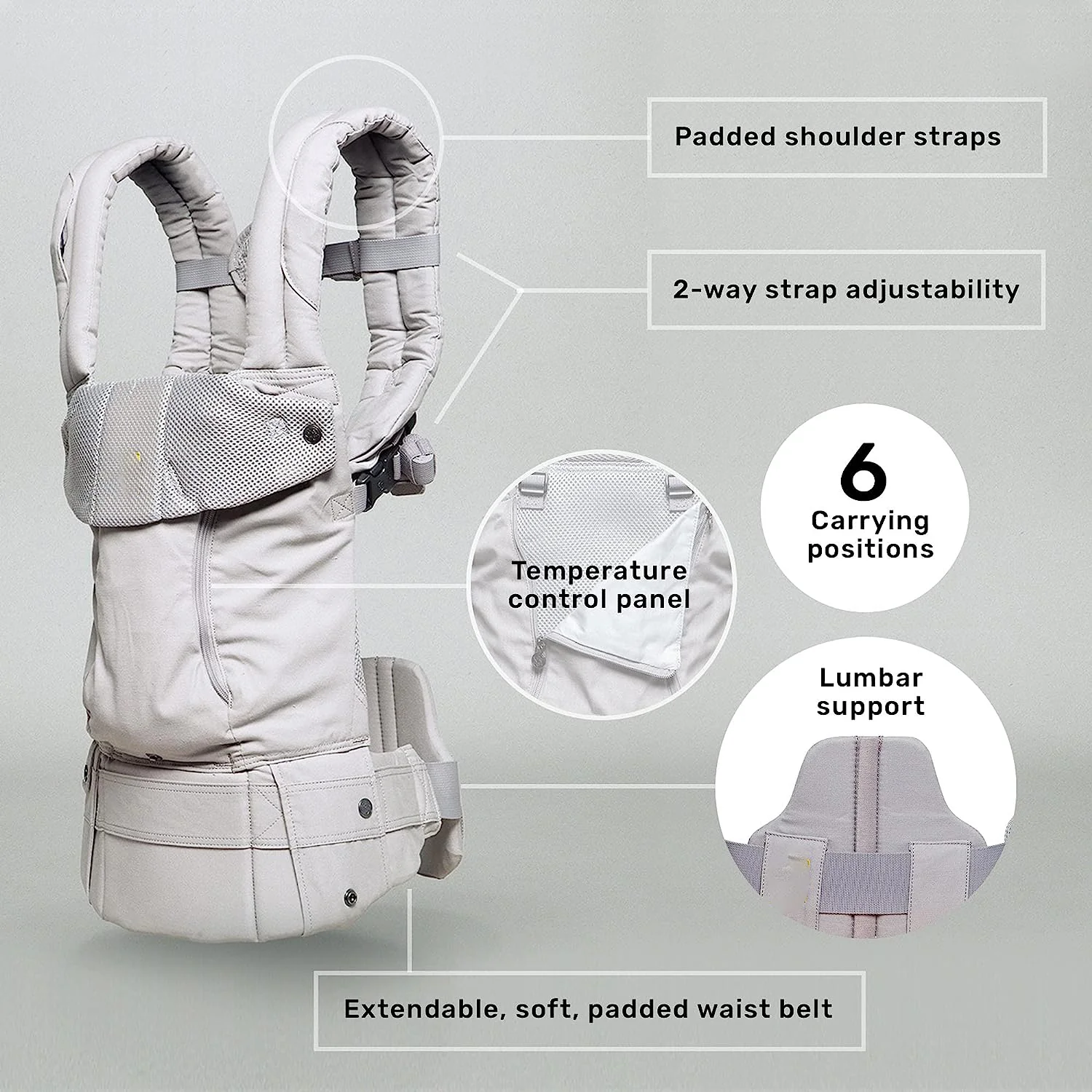 Complete All Seasons Ergonomische 6-in-1-Babytrage für Neugeborene bis Kleinkinder – mit Lordosenstütze – für Kinder von 3–20 kg – 360-Grad-Babytragemöglichkeit – nach innen und außen gerichtet – Stein