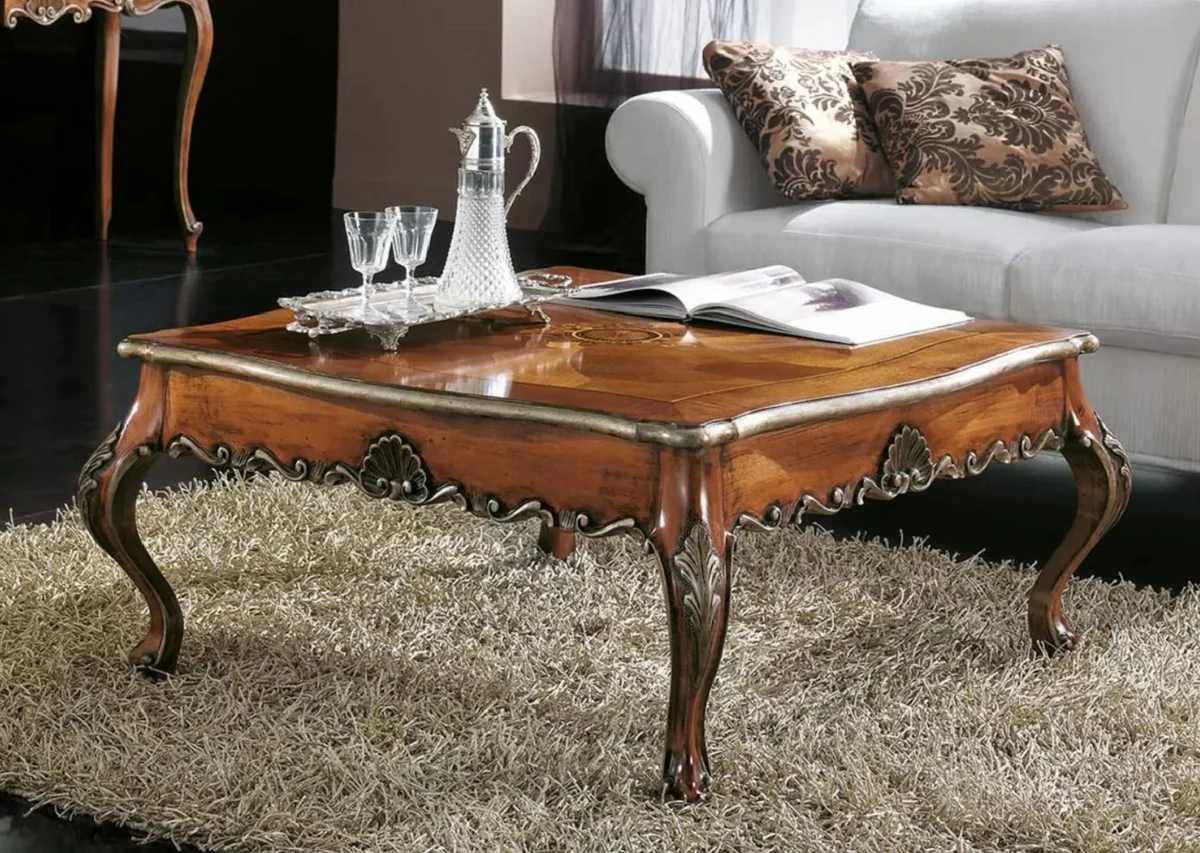 Luxury Baroque Coffee Table Brown / Silver - Square Solid Wood Living Room Table in Baroque Style - Baroque Living Room & Hotel Furniture - Luxury Quality - Made in Italy